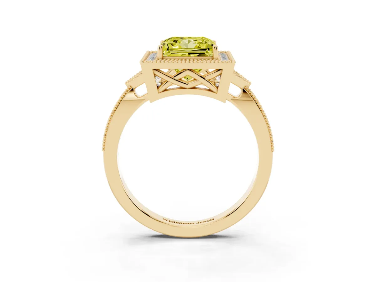 Fancy Yellow Princess Cut Halo Round Diamond Milgrain Pave Engagement Ring Yellow gold