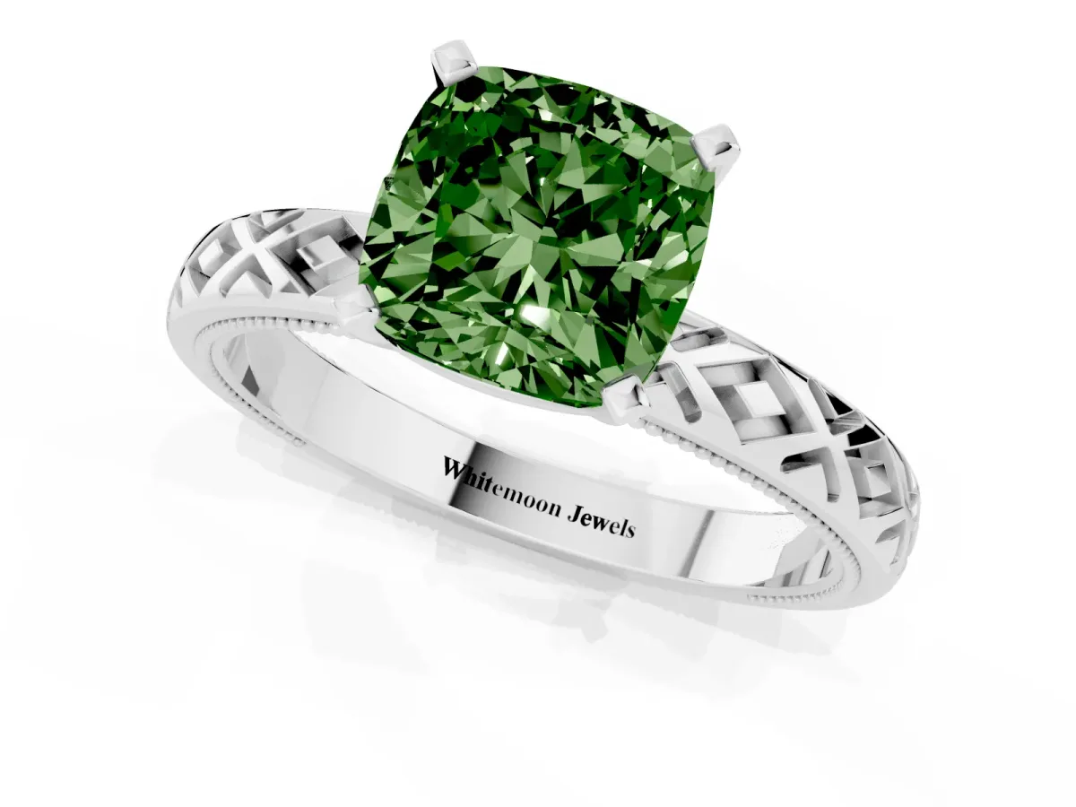 Fancy Green Cushion Cut Solitaire Diamond Ring with Milgrain and Black Enamel X Pattern Band Silver