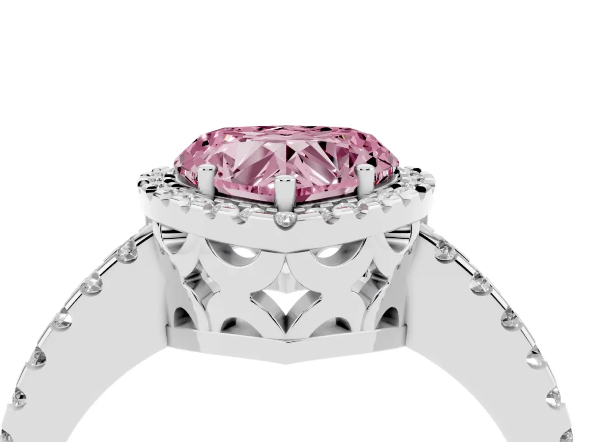 Fancy Pink Heart Cut Diamond Halo Engagement Ring with Pavé Band and Prong Setting White gold
