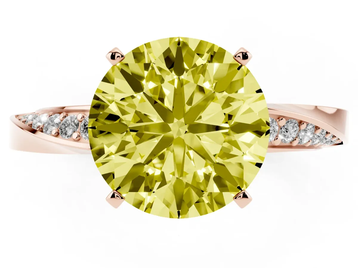 Fancy Yellow Round Cut Diamond Engagement Ring with Side Stone Accents and Four-Prong Setting Rose gold