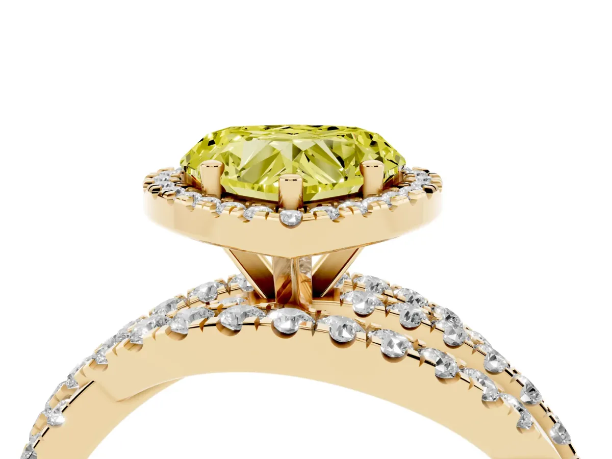 Fancy Yellow Heart Cut Diamond Halo Ring with Round Split Shank and Prong Setting Yellow gold