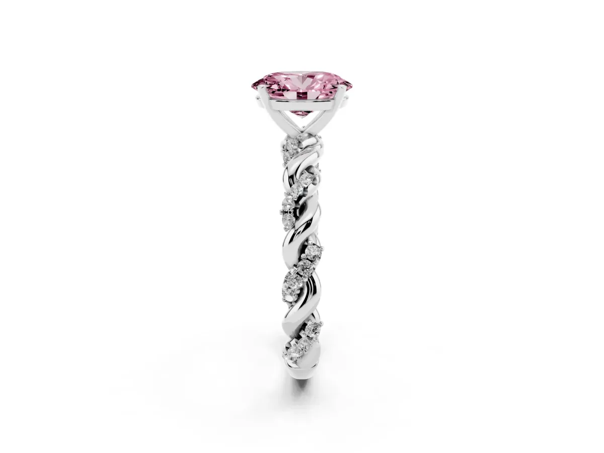 Fancy Pink Oval Cut Diamond Solitaire Ring with Twisted Band and Pavé Accents Silver