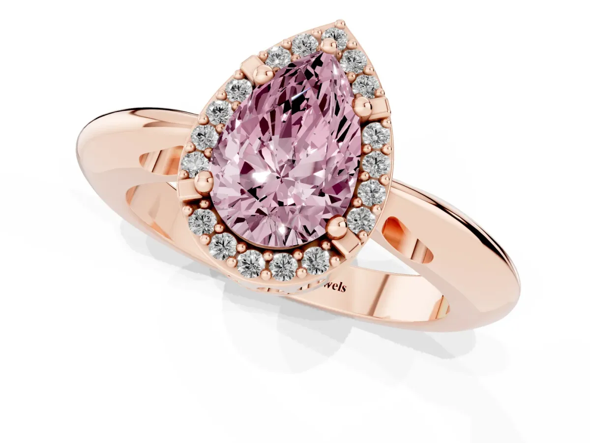Fancy Pink Pear Cut Cut Diamond Halo Engagement Ring with Split Shank and Four-Prong Setting Rose gold