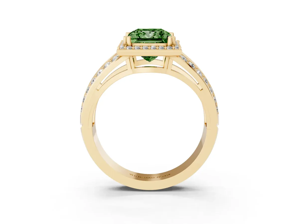 Fancy Green Princess Cut Diamond Halo Ring with Split Shank Pavé Band and Four-Prong Setting Yellow gold