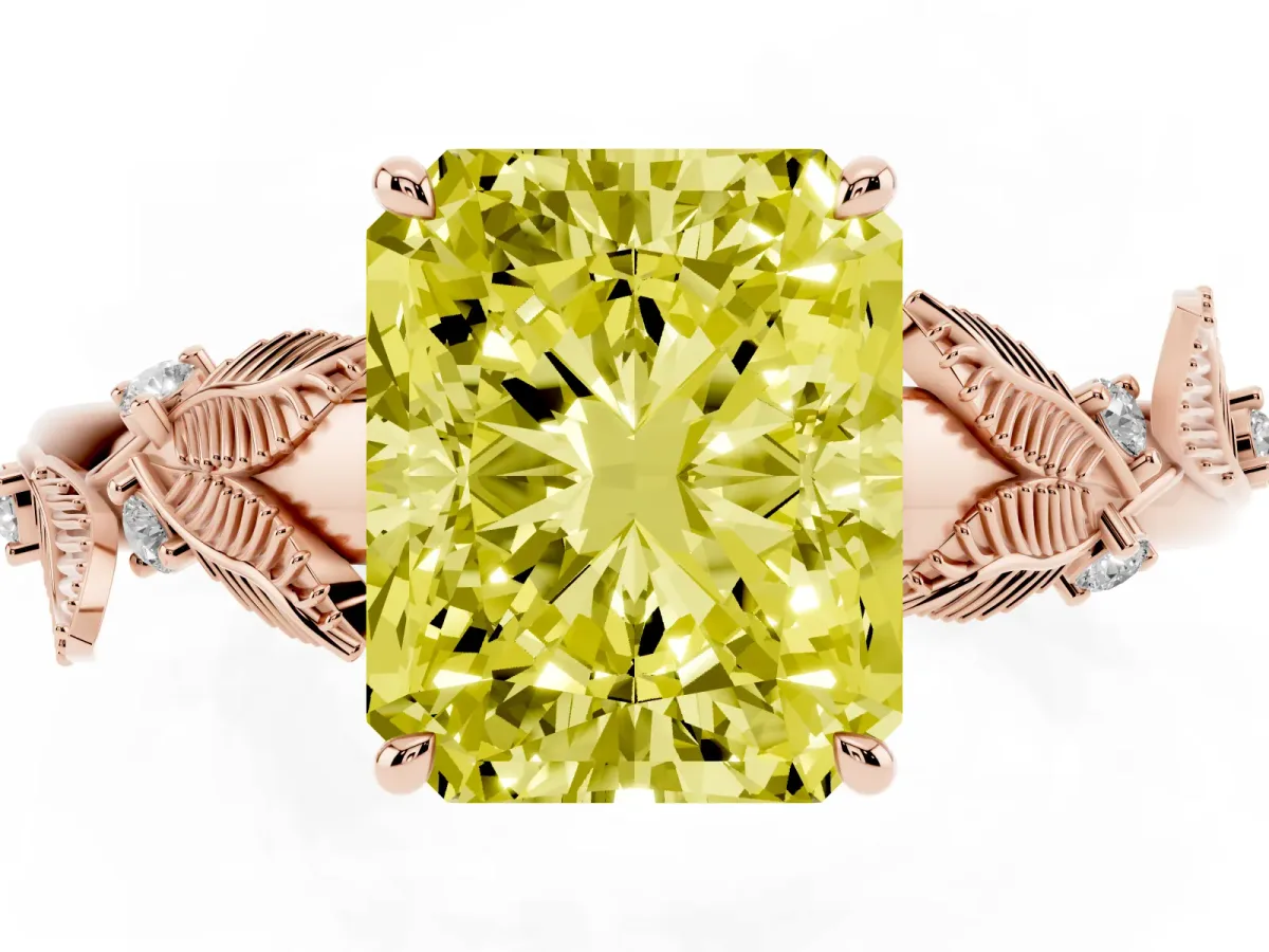 Fancy Yellow Radiant Cut Diamond Solitaire Ring with Leaf Motif Band and Four-Prong Setting Rose gold