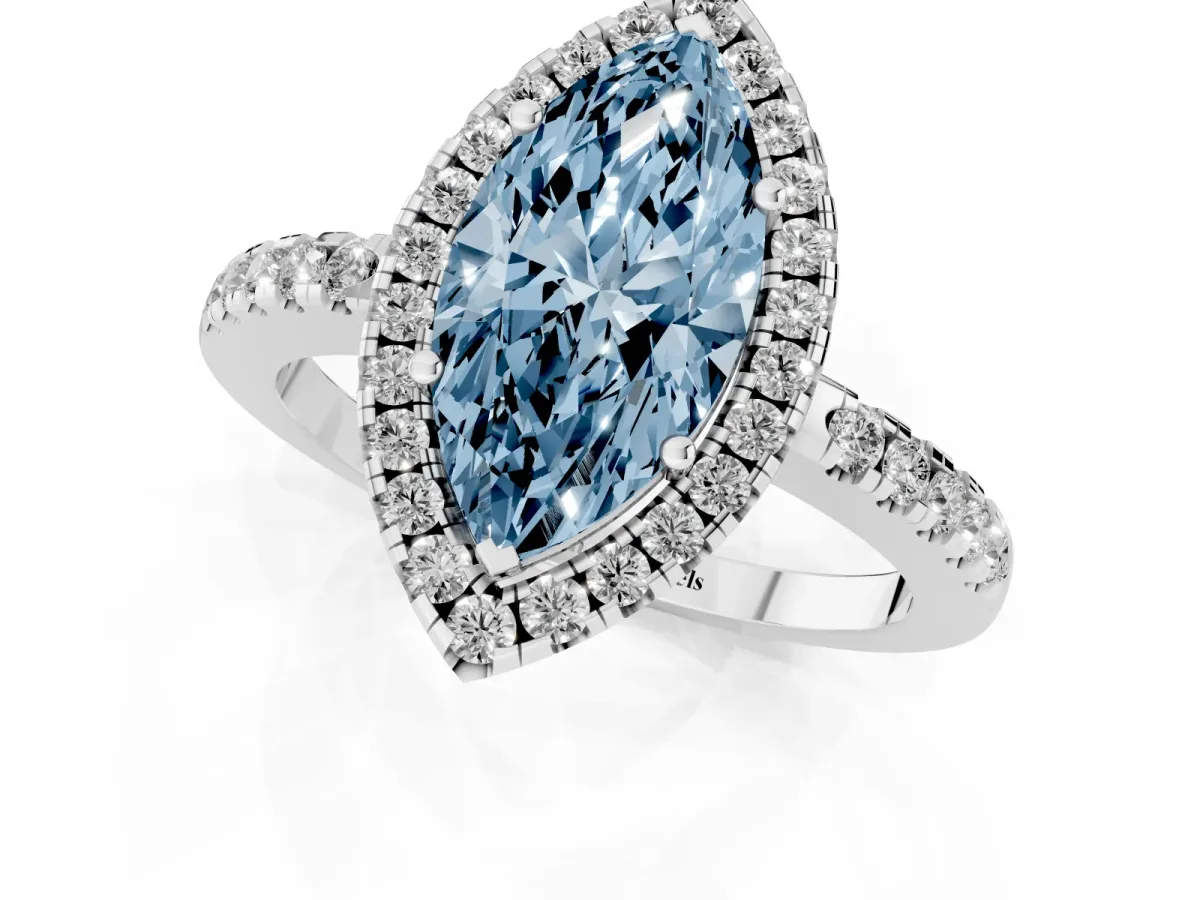 Fancy Blue Marquise Cut Halo Diamond Engagement Ring with Pavé Band and Four-Prong Setting Platinum