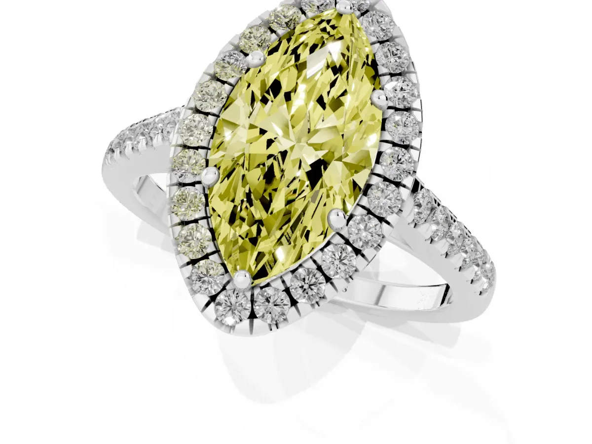 Fancy Yellow Marquise Cut Halo Pavé Diamond Engagement Ring with Four-Prong Setting Silver