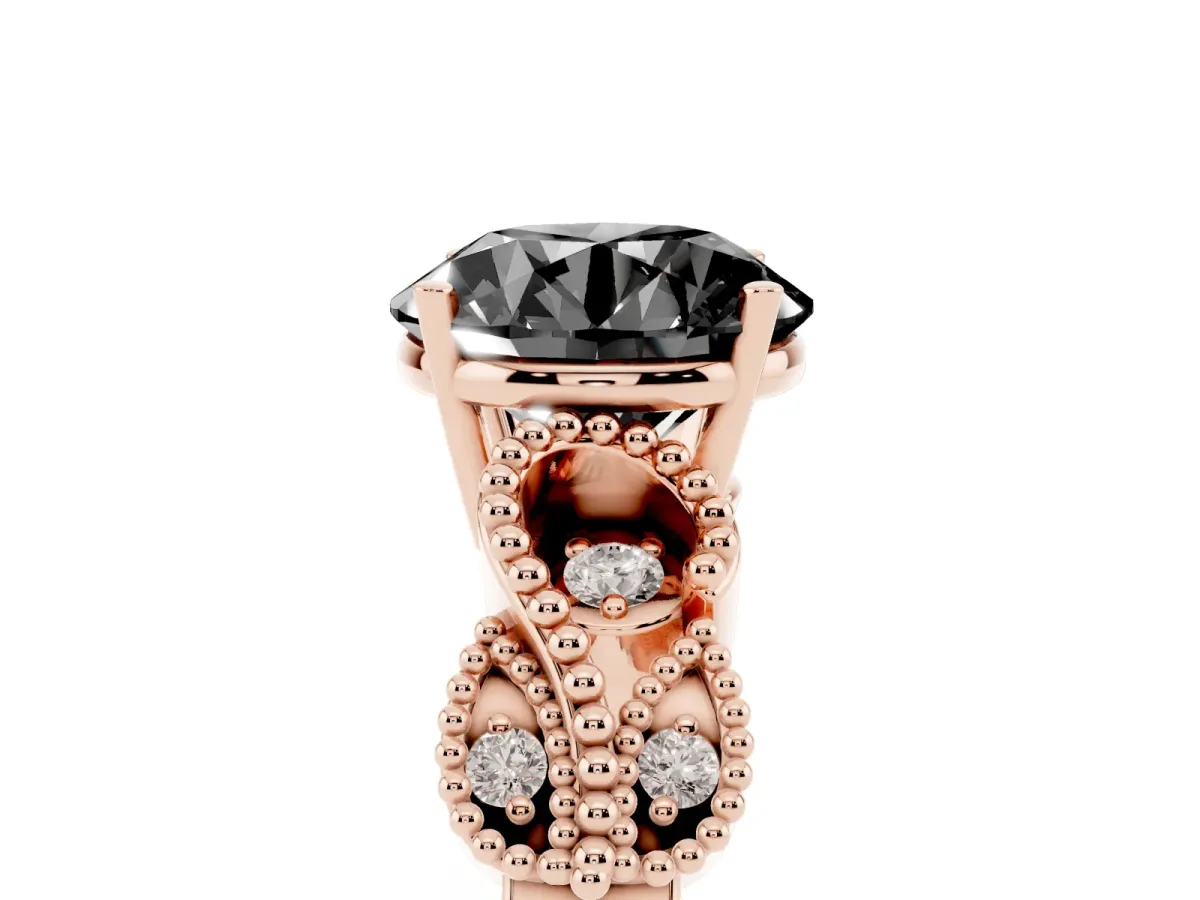 Fancy Black Round Cut Solitaire Milgrain Leaf Band with Prong Setting Rose gold