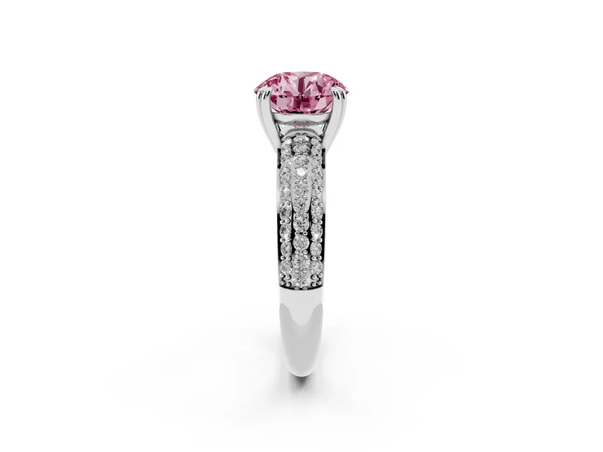 Fancy Pink Round Cut Diamond Solitaire Ring with Multi-Row Round Pavé Band and Prong Setting Silver