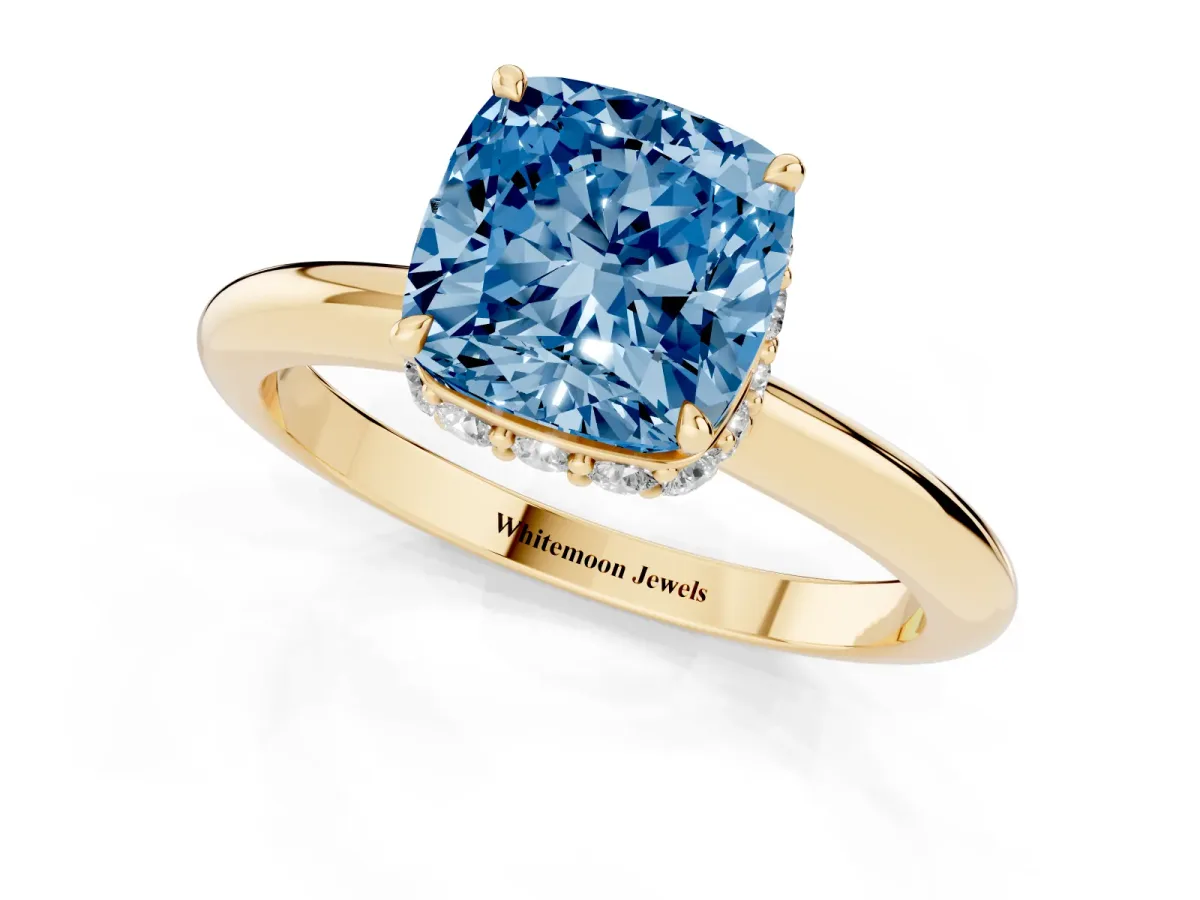 Fancy Blue Cushion Cut Brilliant Solitaire Engagement Ring with Six-Prong Setting and Classic Band Yellow gold
