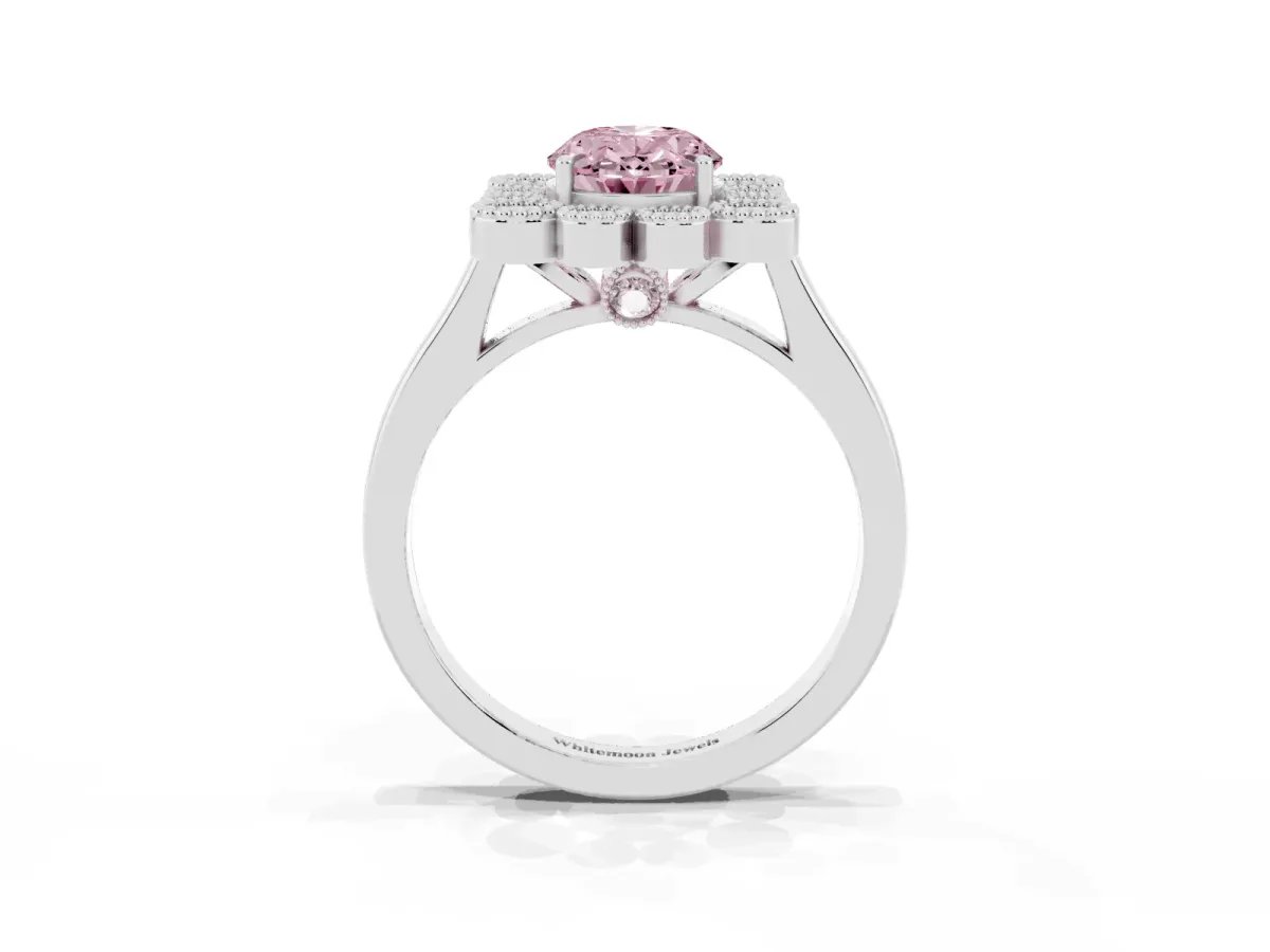 Fancy Pink Oval Cut Halo Diamond Cluster Engagement Ring with Milgrain Bezel Setting and Solitaire Band White gold