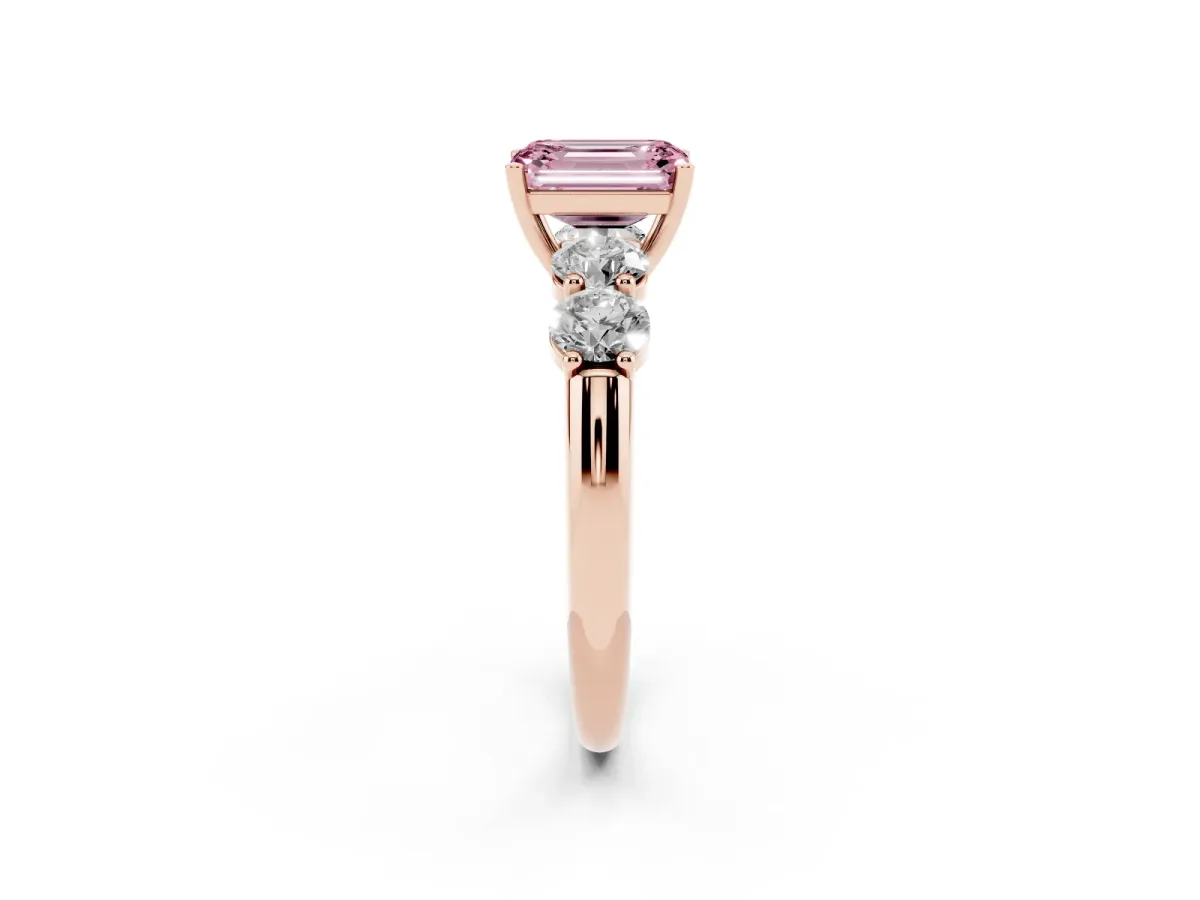 Fancy Pink Emerald Cut Cut Five-Stone Prong Set Diamond Ring with Classic Band Rose gold