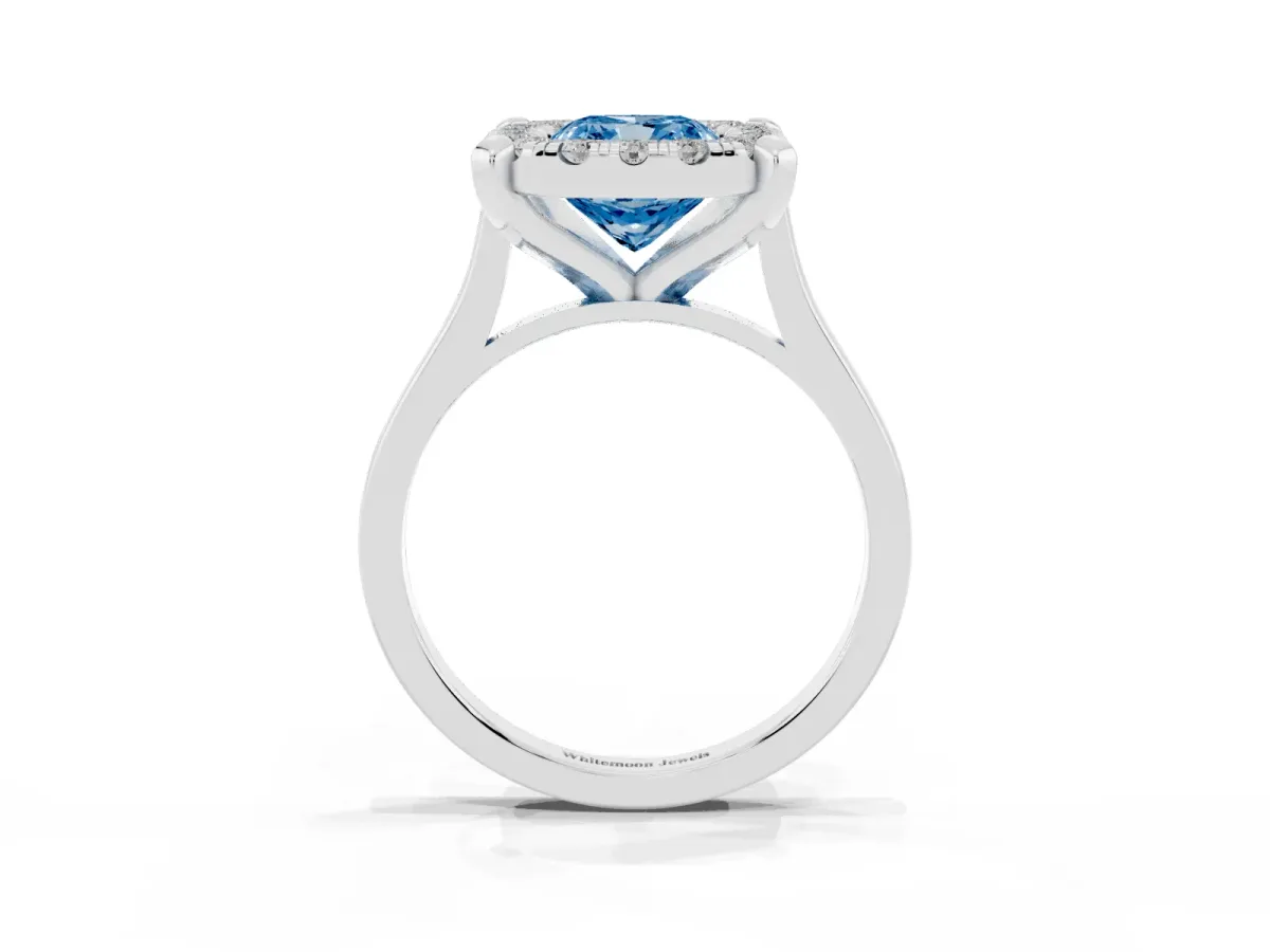 Fancy Blue Cushion Cut Diamond Cluster Halo Solitaire with Four-Prong Setting Silver