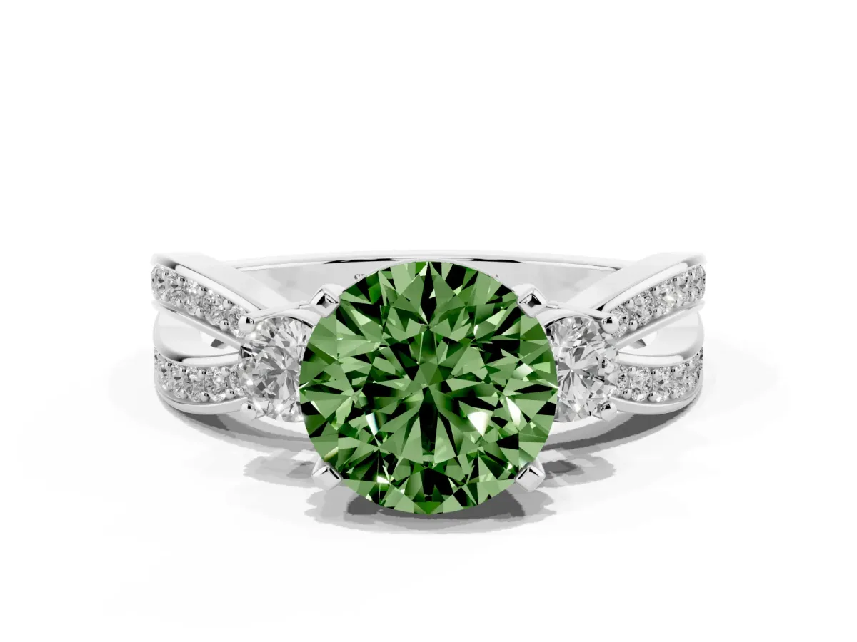 Fancy Green Three-Stone Round Cut Cut Diamond Twist Band with Prong Setting Silver