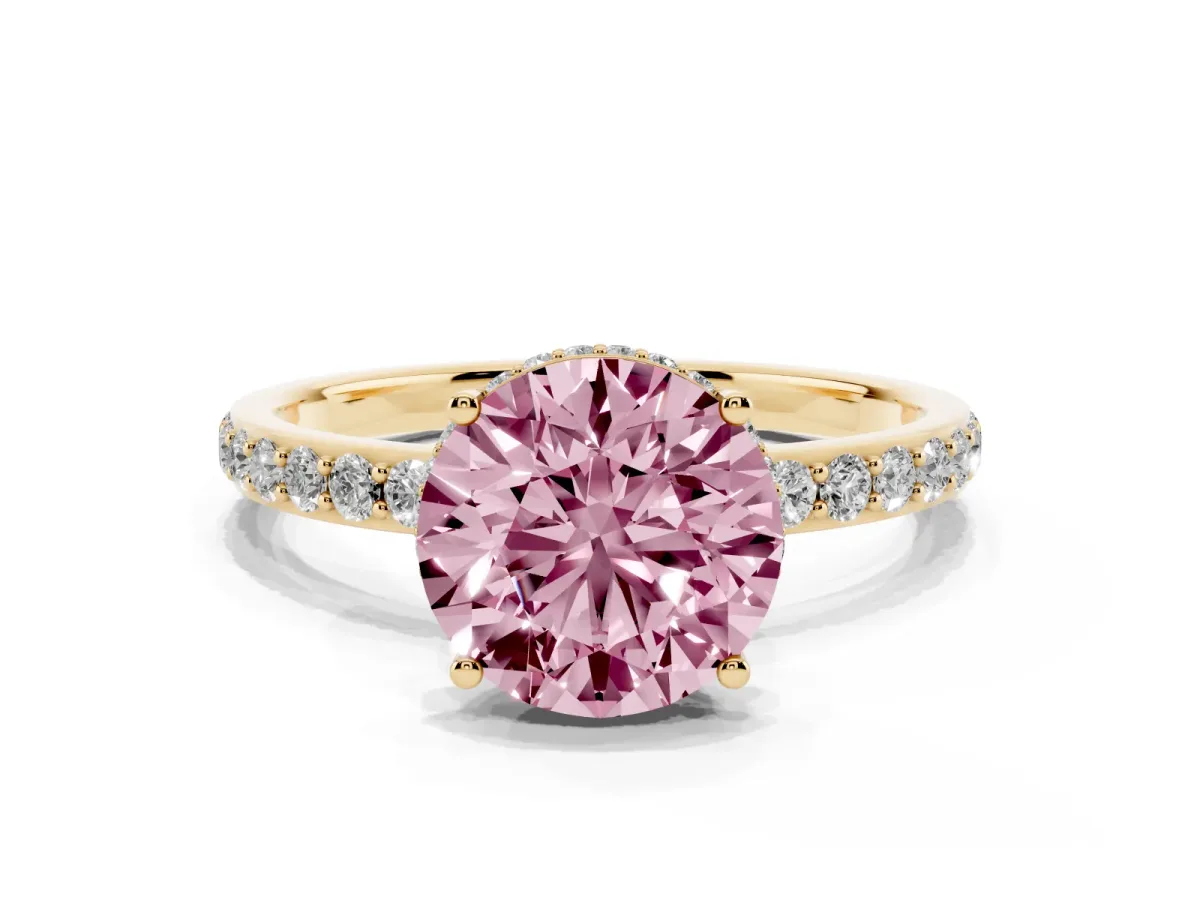 Fancy Pink Round Cut Diamond Solitaire Ring with Pavé Band and Hidden Halo Yellow gold