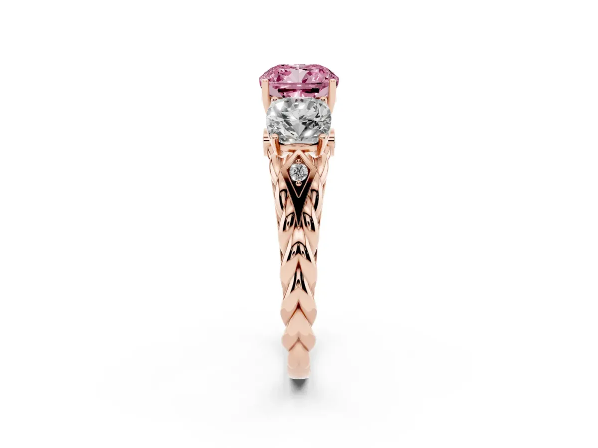 Fancy Pink Three-Stone Cushion Cut Diamond Braided Band Ring with Four-Prong Setting Rose gold