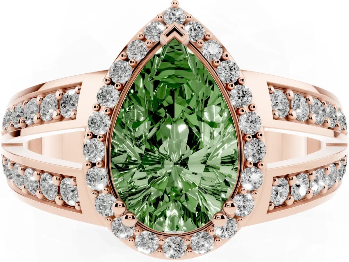 Fancy Green Pear Cut Diamond Halo Ring with Split Shank Pavé Band and Four-Prong Setting Rose gold