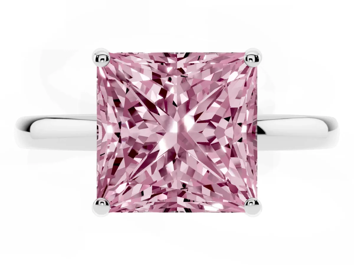 Fancy Pink Princess Cut Solitaire Diamond Ring with Prong Setting and Plain Band Silver