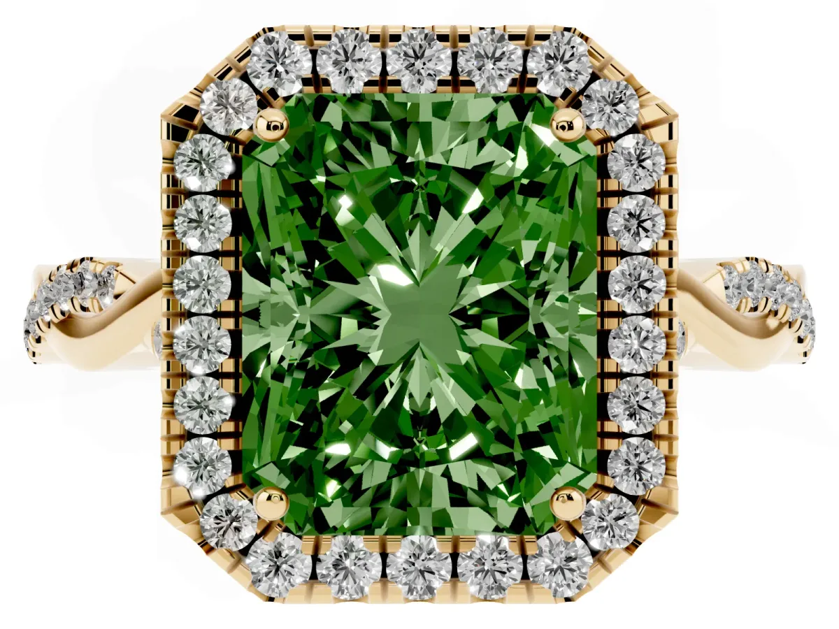 Fancy Green Radiant Cut Halo Twist Band Solitaire Ring Yellow gold