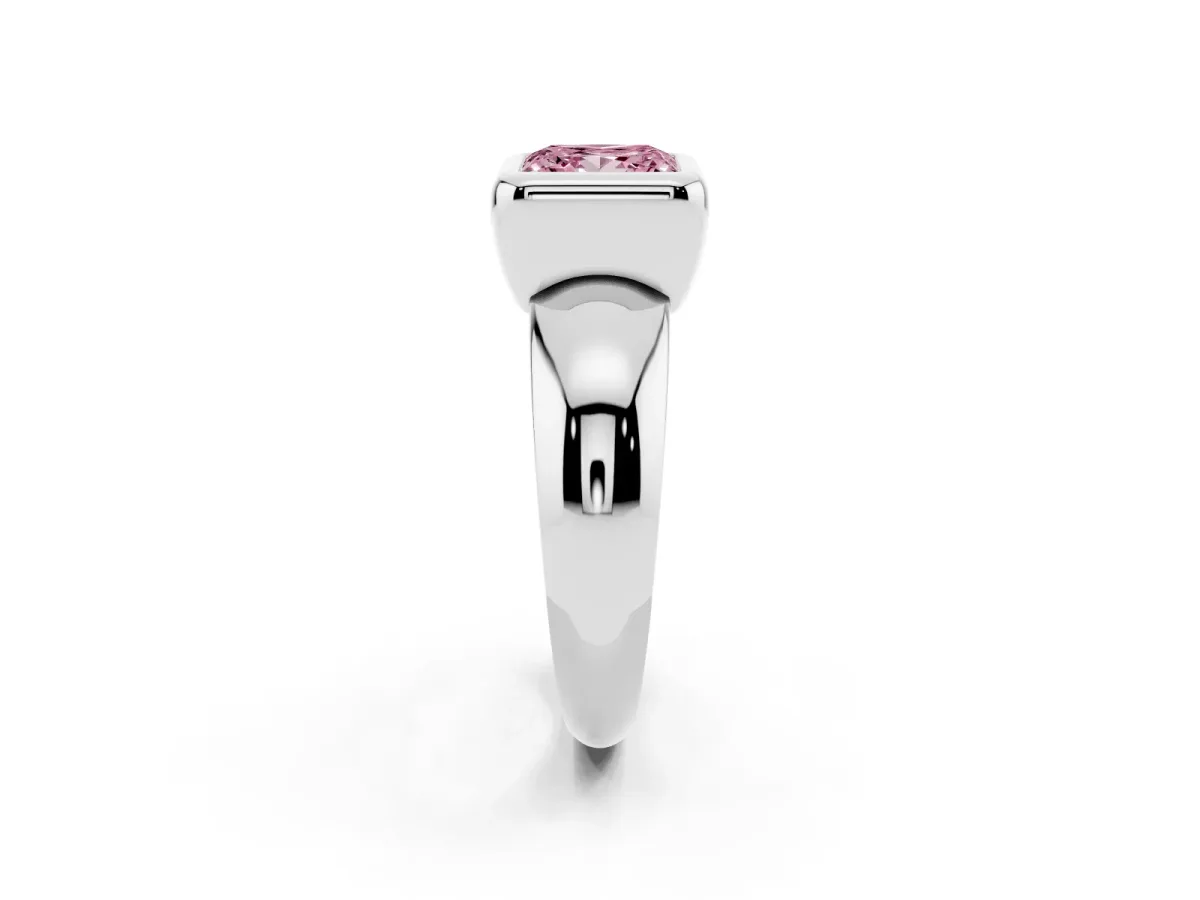 Fancy Pink Bezel Set Princess Cut Solitaire Ring with Wide Band Platinum