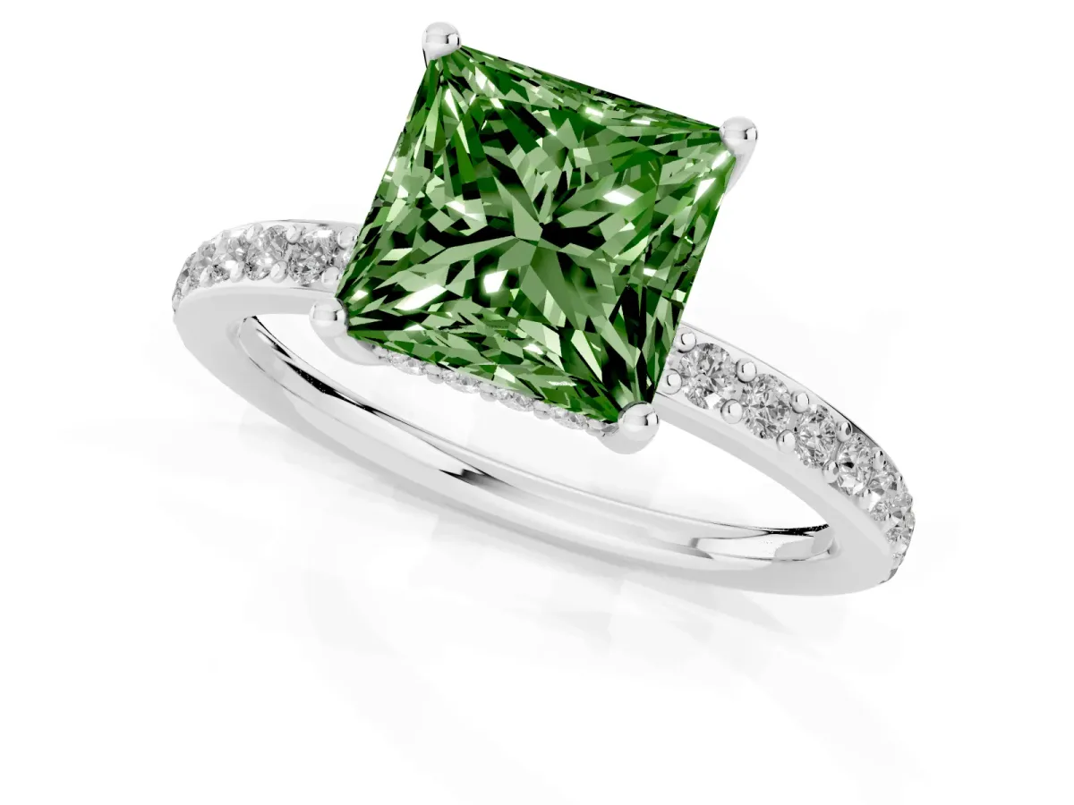 Fancy Green Princess Cut Cut Diamond Pavé Band Ring with Four-Prong Setting Silver