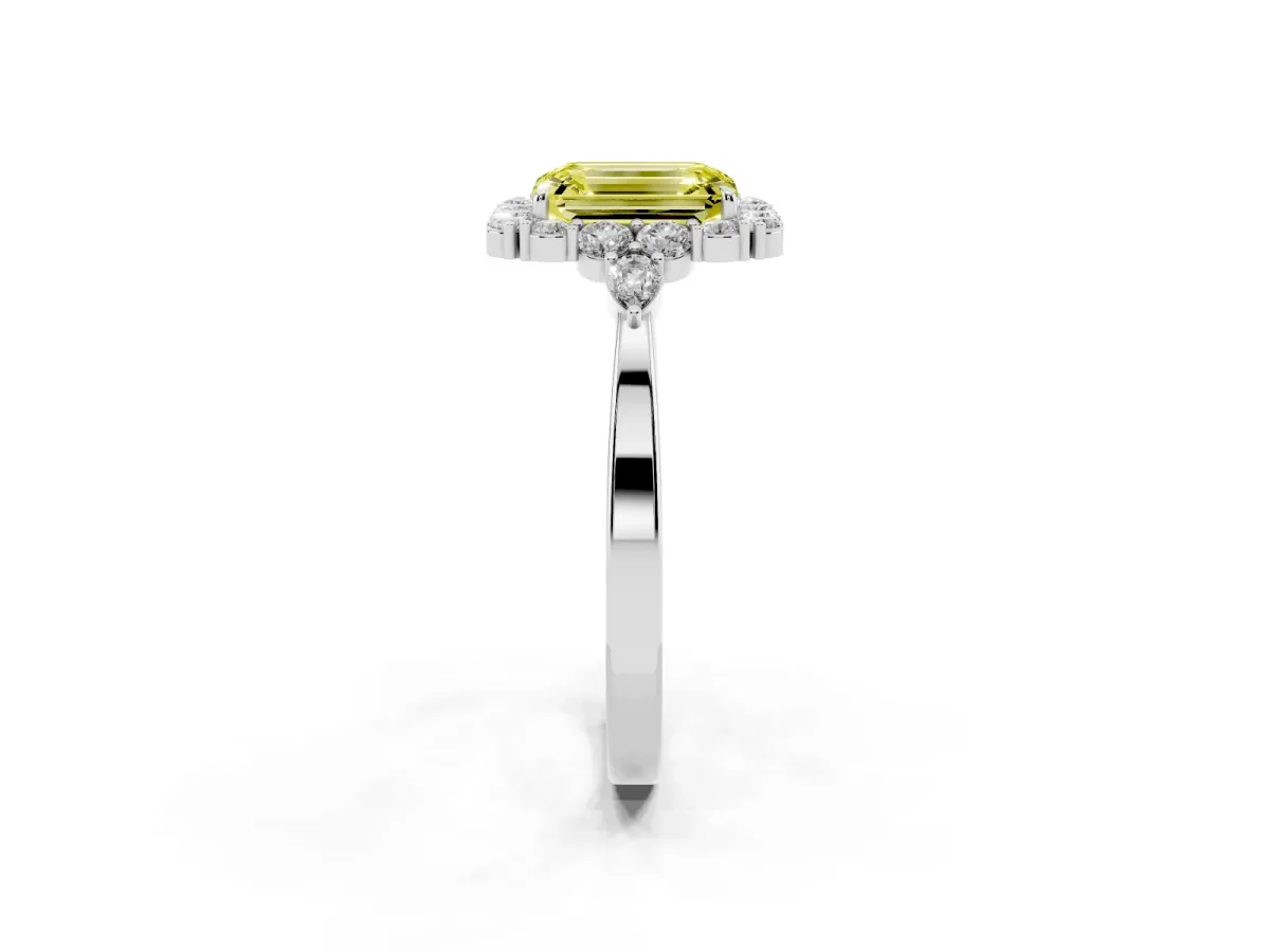Fancy Yellow Emerald Cut Diamond Halo Ring with Pear Side Stones and Prong Setting Silver