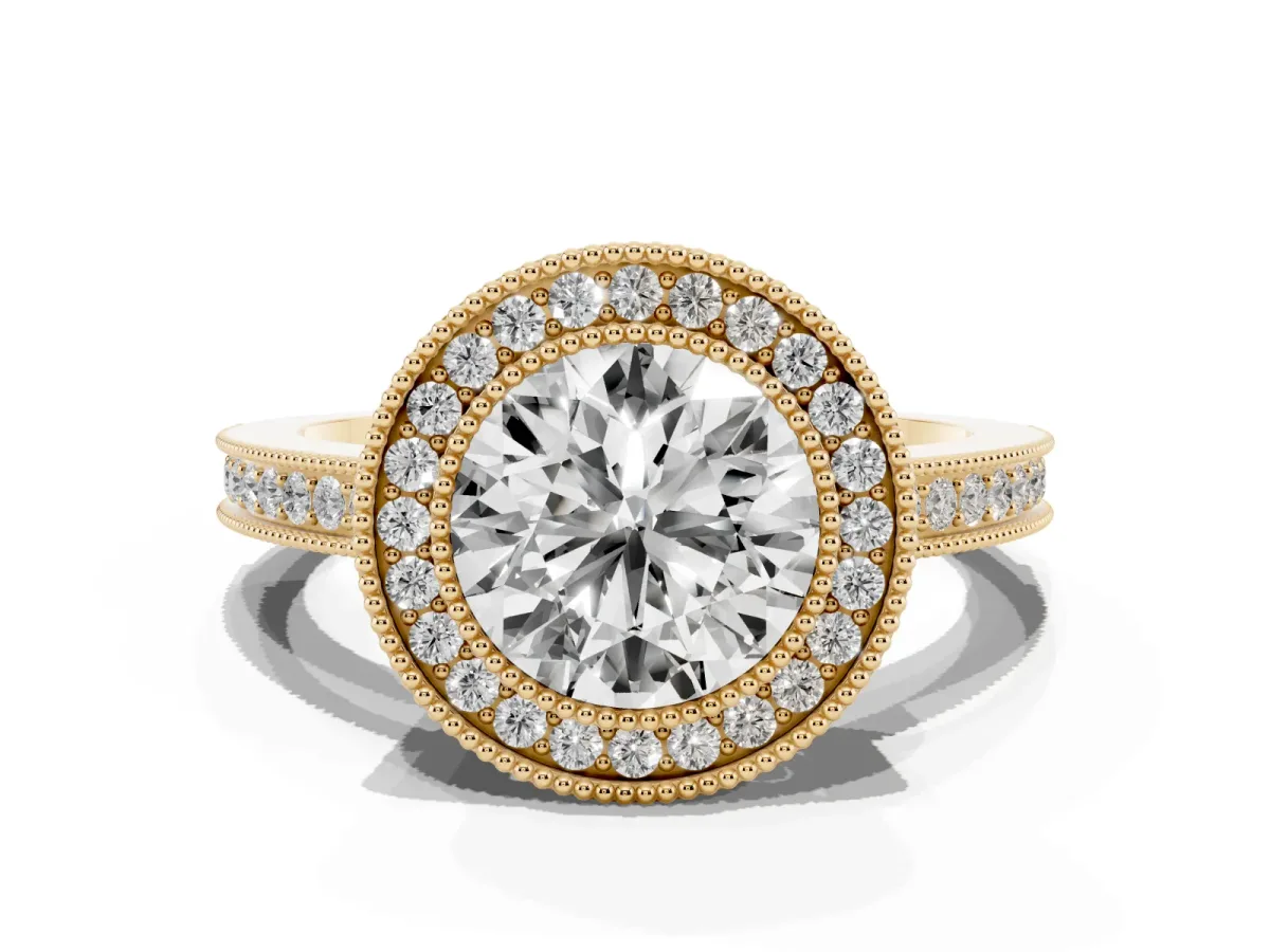 Round Cut Cut Halo Diamond Ring with Pavé Band and Milgrain Prong Setting Yellow gold