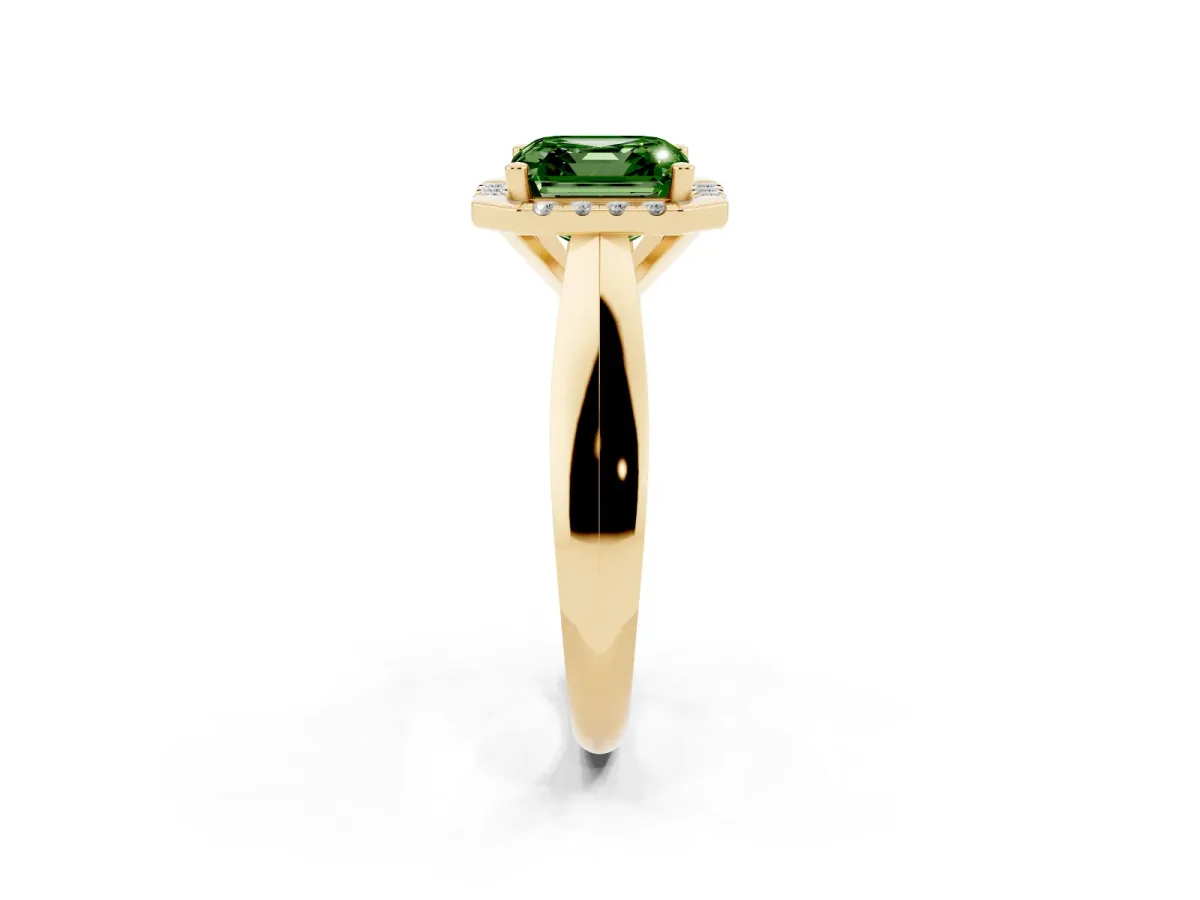 Fancy Green Asscher Cut Cut Halo Solitaire Engagement Ring with Square Band and Four-Prong Setting Yellow gold