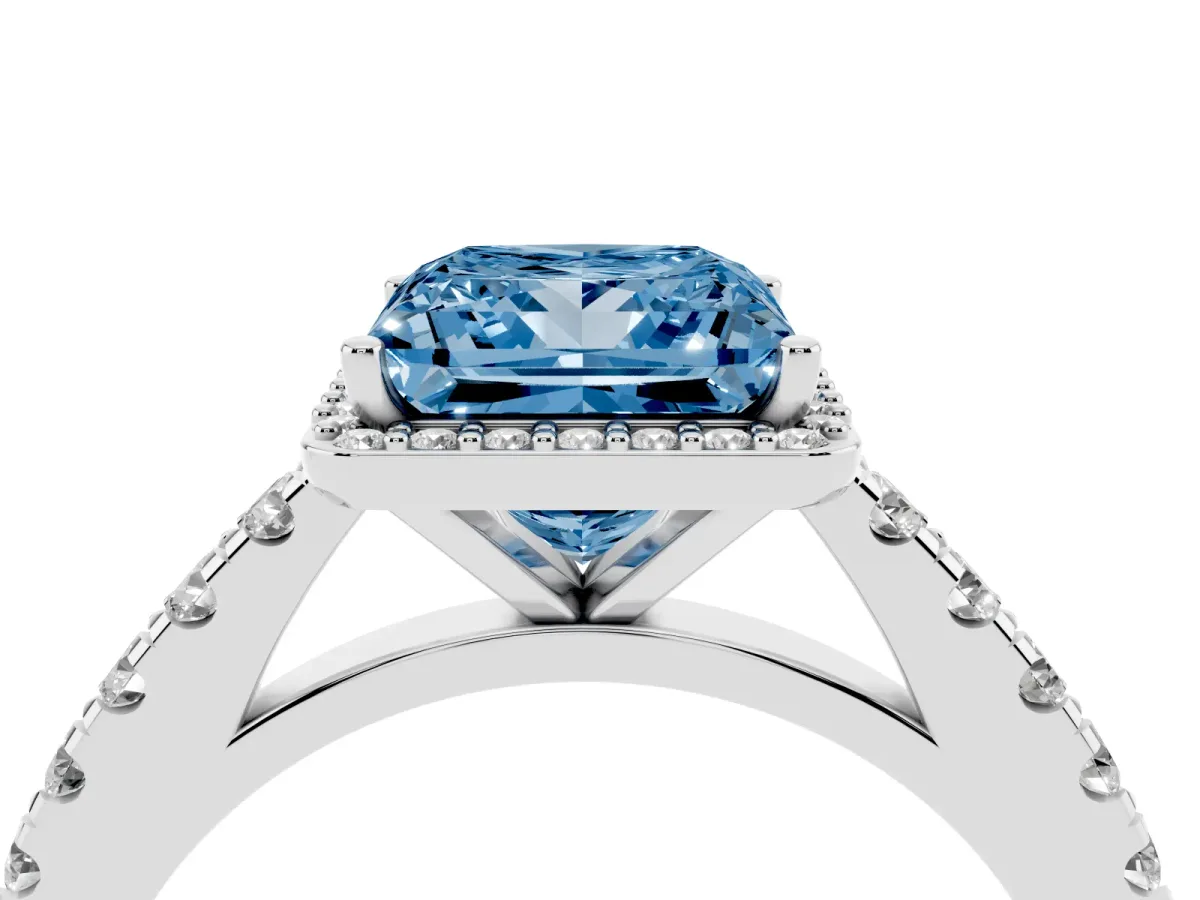 Fancy Blue Princess Cut Cut Halo Diamond Engagement Ring with Pave Band and Four-Prong Setting White gold