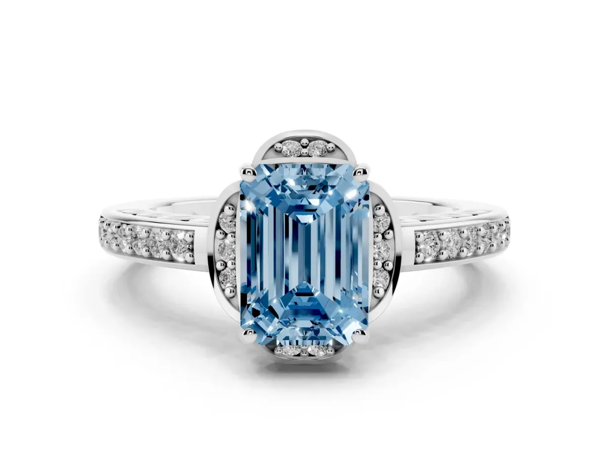 Fancy Blue Emerald Cut Cut Halo Diamond Ring with Channel Set Band and Four-Prong Setting Silver