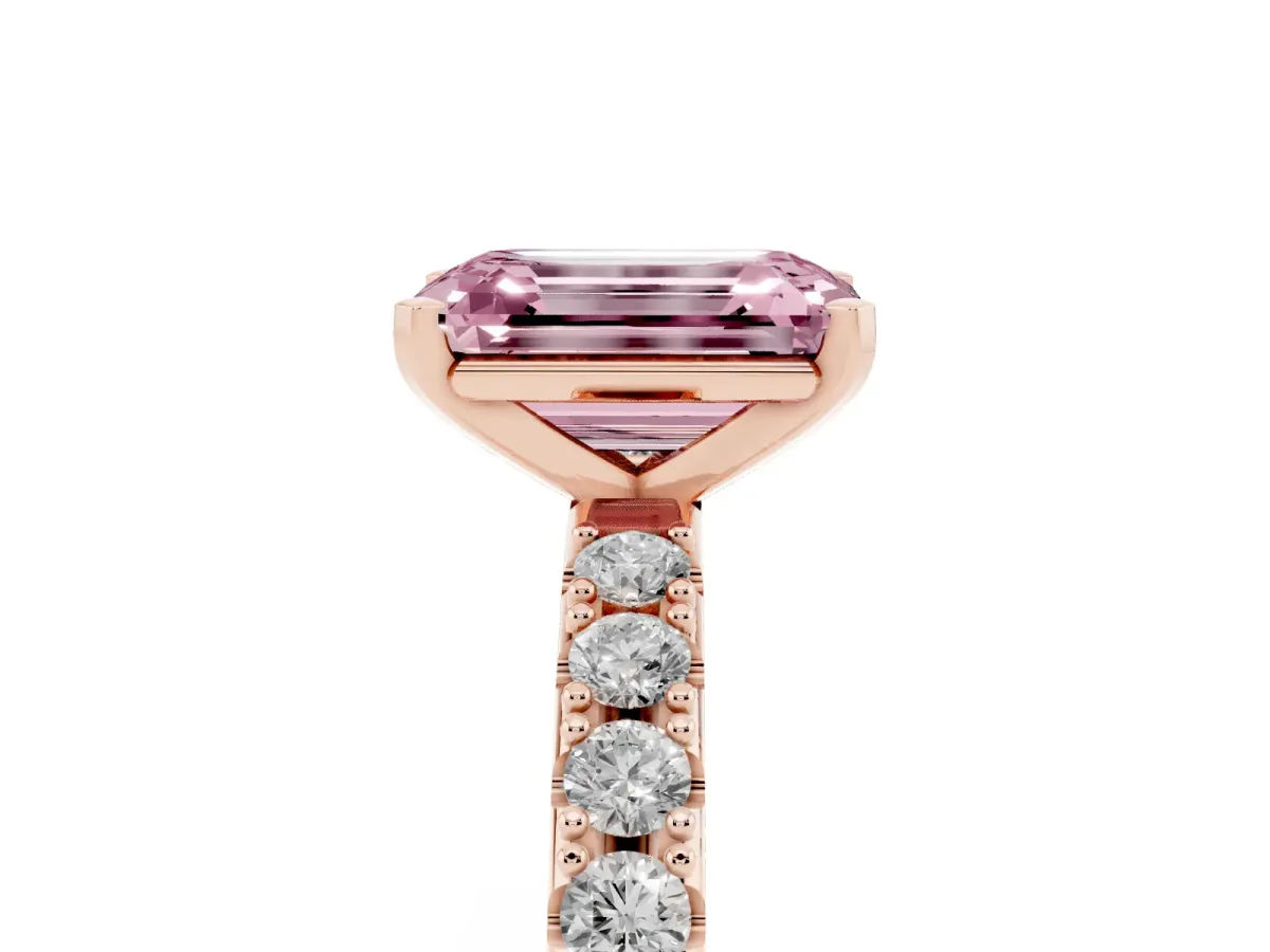 Fancy Pink Emerald Cut Diamond Solitaire Pavé Band with Four-Prong Setting Rose gold