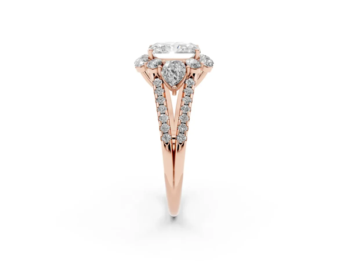 Radiant Cut Halo Split Shank Diamond Engagement Ring with Prong Setting Rose gold