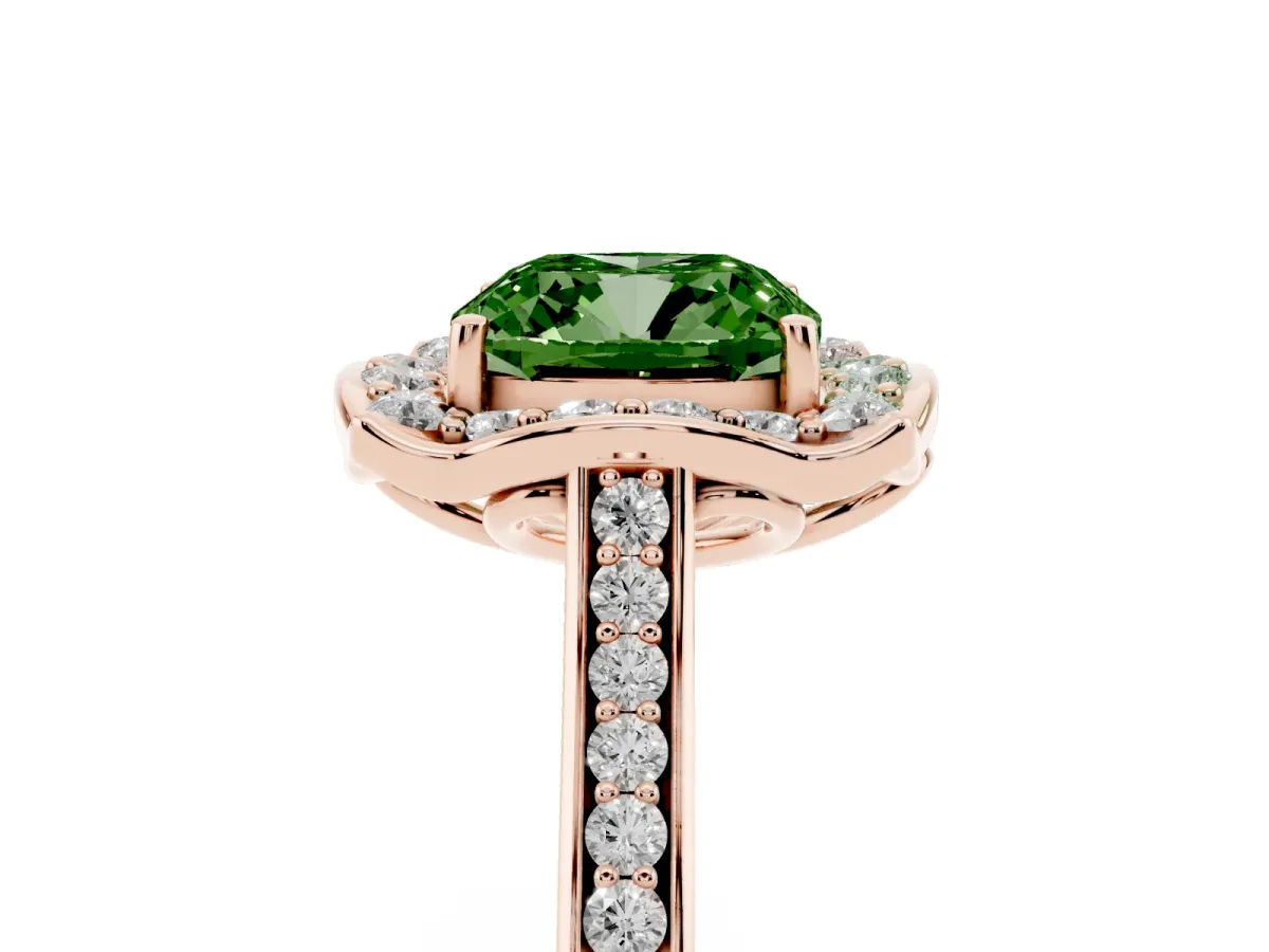 Fancy Green Cushion Cut Halo Round Diamond Pave Band with Four-Prong Setting Rose gold