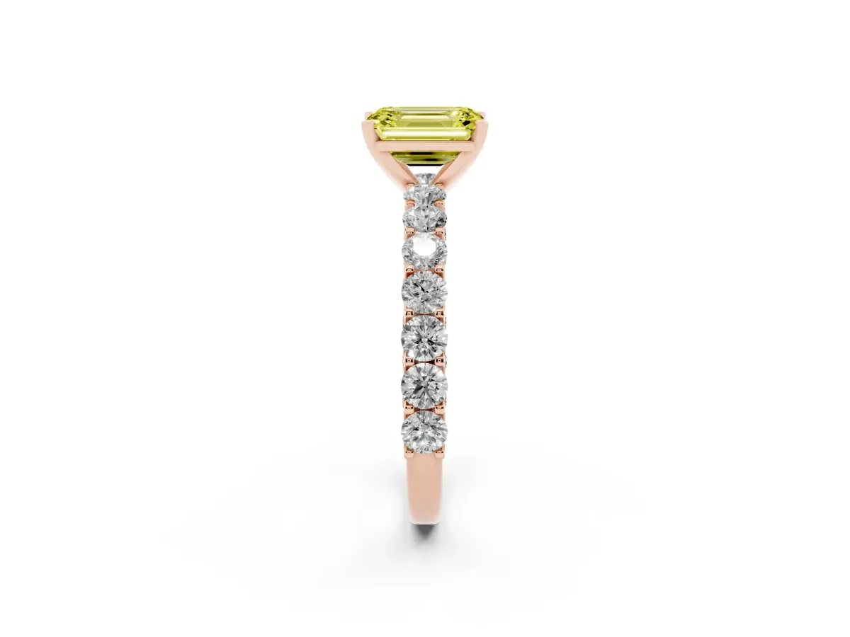 Fancy Yellow Emerald Cut Diamond Solitaire Ring with Shared Prong Pavé Band and Four-Prong Setting Rose gold