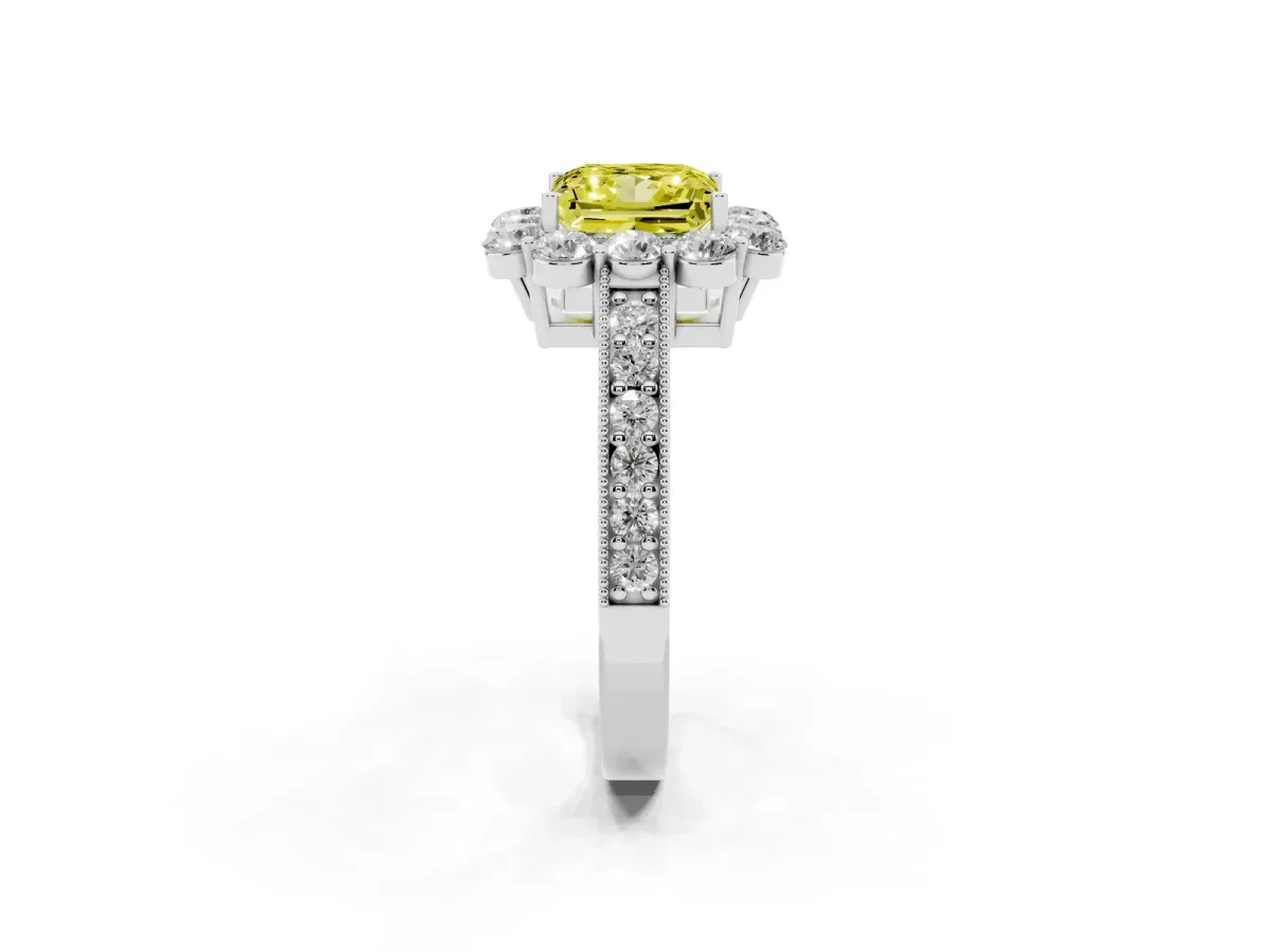 Fancy Yellow Princess Cut Cut Halo Diamond Pavé Engagement Ring with Milgrain Detailing White gold
