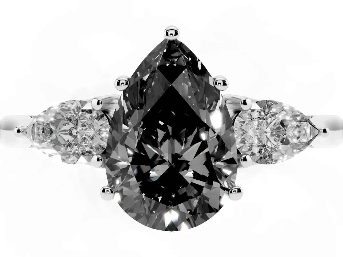 Fancy Black Pear Cut Diamond Three-Stone Ring with Pear Side Stones and Prong Setting Platinum