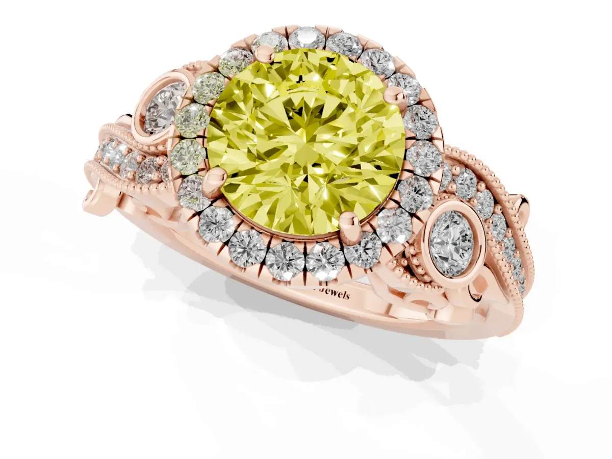 Fancy Yellow Round Cut Diamond Halo Ring with Milgrain Pavé Band and Four-Prong Setting Rose gold