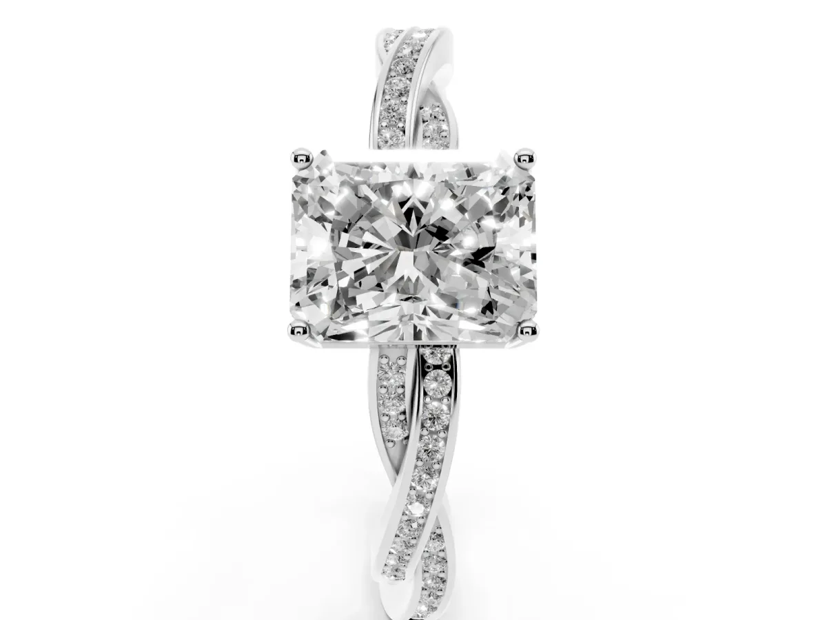 Radiant Cut Solitaire Twisted Pave Diamond Ring with Four-Prong Setting White gold