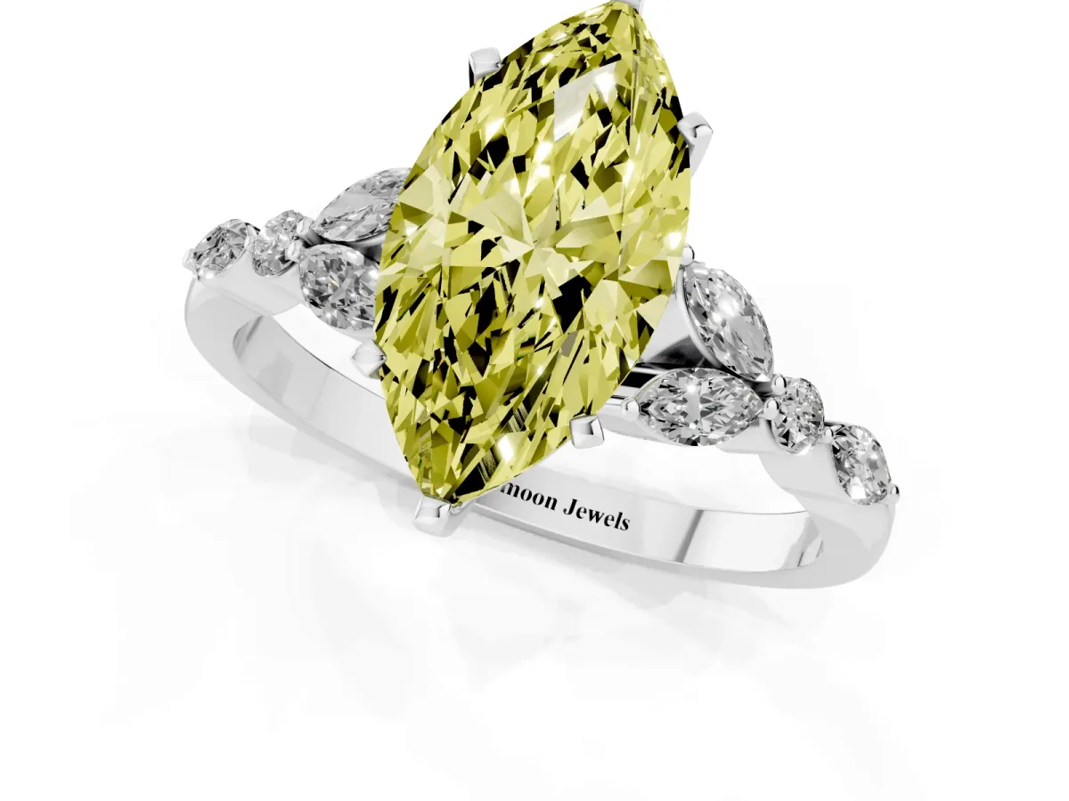 Fancy Yellow Marquise Cut Diamond Solitaire Ring with Side Stones and Four-Prong Setting Silver
