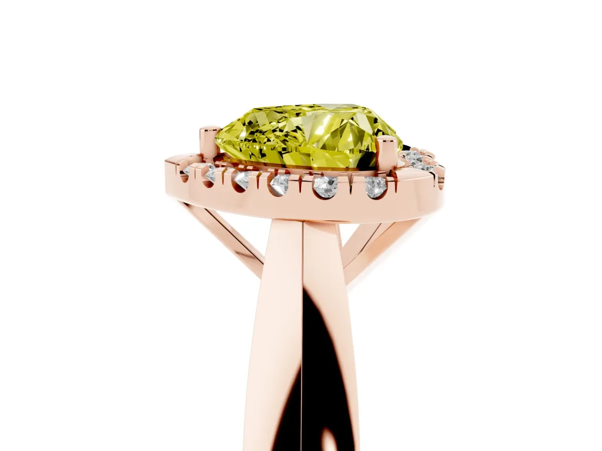 Fancy Yellow Heart Cut Cut Halo Solitaire Engagement Ring with Square Band and Four-Prong Setting Rose gold