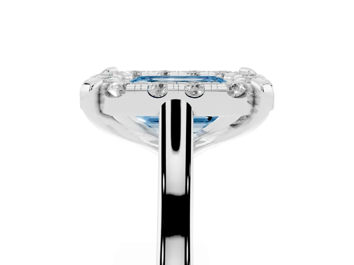 Fancy Blue Emerald Cut Diamond Cluster Halo Solitaire with Four-Prong Setting Platinum