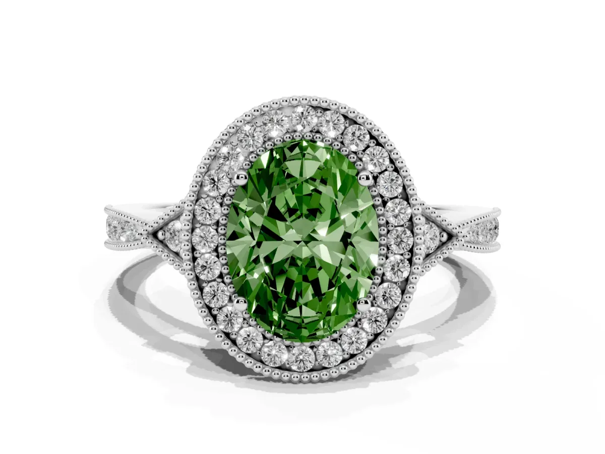 Fancy Green Oval Cut Halo Round Diamond Milgrain Pave Engagement Ring Silver
