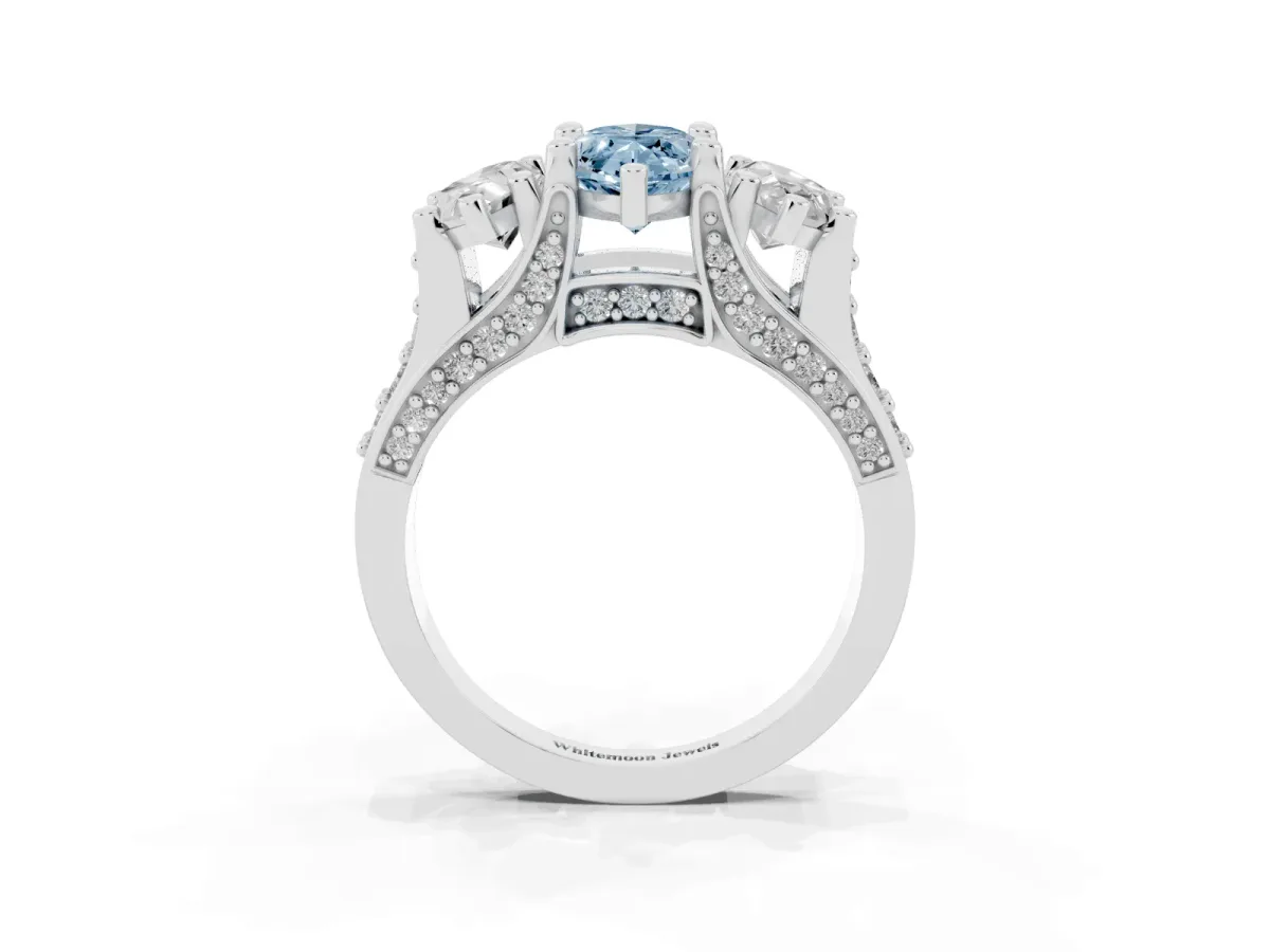 Fancy Blue Marquise Cut Diamond Three-Stone Ring with Channel Set Band and Four-Prong Setting Silver