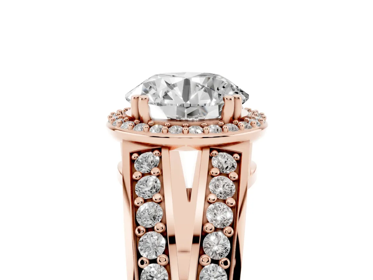 Round Cut Diamond Halo Ring with Split Shank Pavé Band and Four-Prong Setting Rose gold