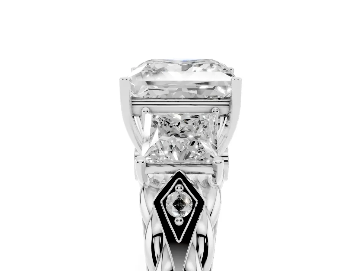 Three-Stone Princess Cut Diamond Braided Band Ring with Four-Prong Setting Platinum