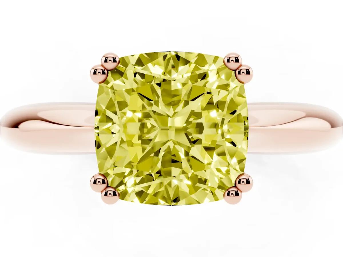 Fancy Yellow Cushion Cut Cut Solitaire Engagement Ring with Tapered Band and Four-Prong Setting Rose gold