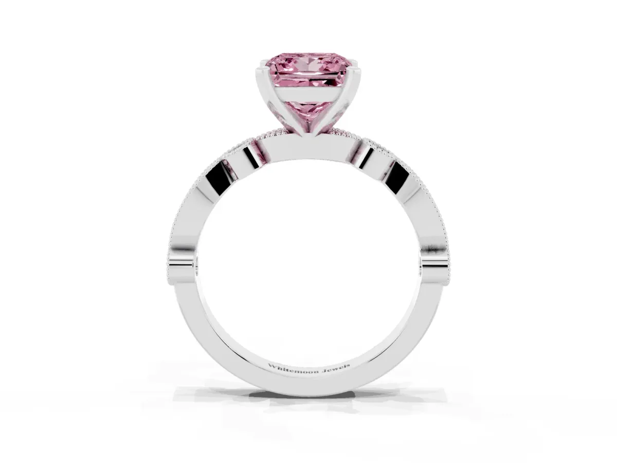 Fancy Pink Princess Cut Milgrain Bezel Diamond Engagement Ring with Solitaire Prong Setting Silver
