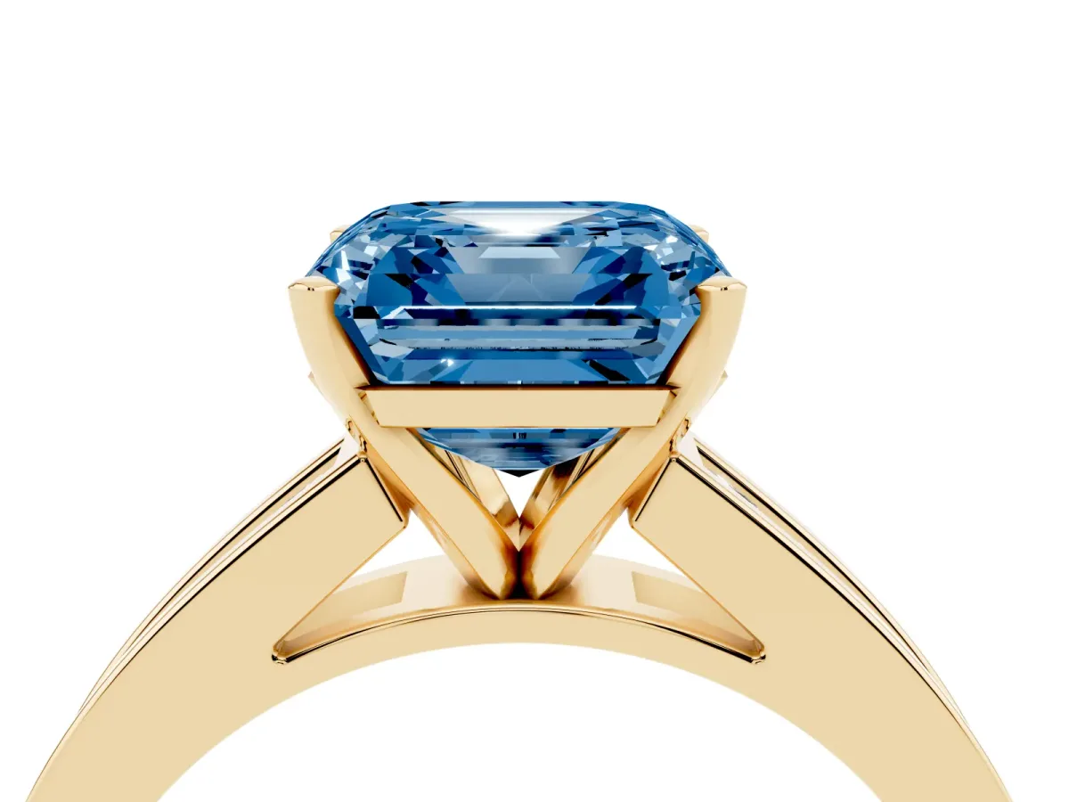Fancy Blue Asscher Cut Solitaire Diamond Ring with Channel-Set Band and Four-Prong Setting Yellow gold