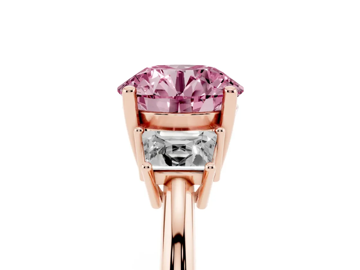 Fancy Pink Round Cut Diamond Three-Stone Ring with Trapezoid Side Stones and Prong Setting Rose gold