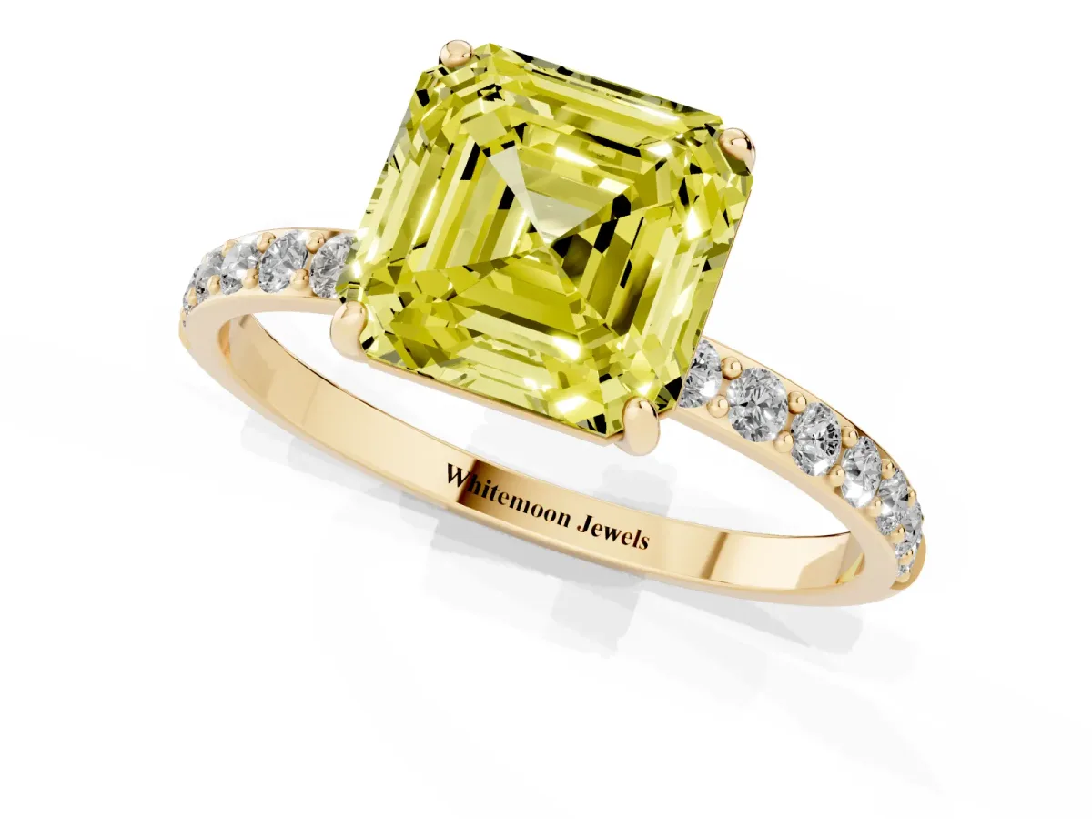 Fancy Yellow Asscher Cut Diamond Solitaire Ring with Round Pavé Shoulders and Prong Setting Yellow gold